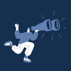 Cartoon vector illustration of a man leaping with binoculars, symbolizing exploration and discovery over dark background