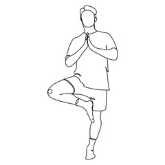 Dessin en ligne continu d'un homme pratiquant le yoga, line art, taïchi, vecteur
