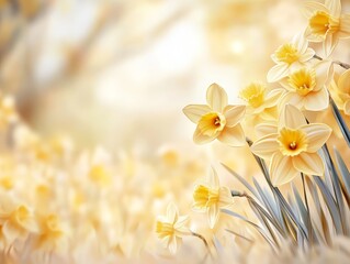 A lush field filled with blooming yellow daffodils dances softly in the warm spring breeze, showcasing nature's vibrant colors and beauty under a bright sunlit sky.