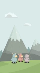 Three cute cartoon animals admire a majestic mountain range on a sunny day. A peaceful, idyllic scene.