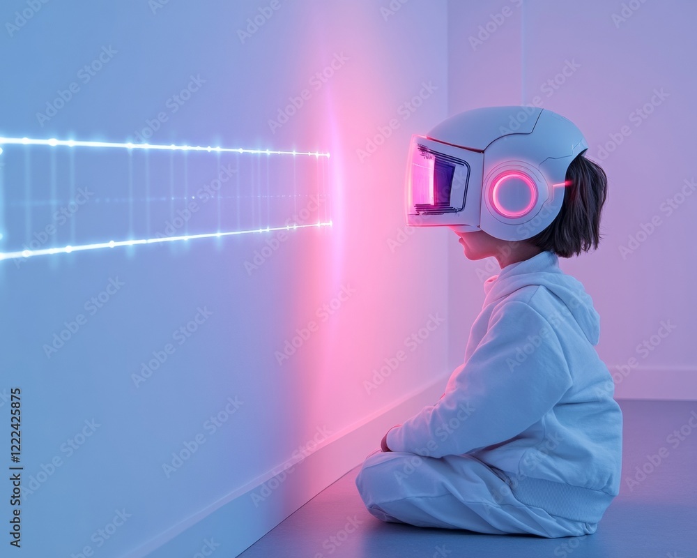 Poster futuristic living room led projection and ai assistant with child-friendly smart robotics - enhancin