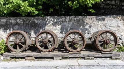 Antique Wooden Wheels on Old Wooden Platform Against Stone Wall
