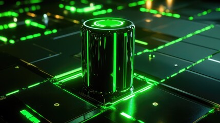 Glowing green power neon futuristic energy storage, high capacity rechargeable lithium ion battery
