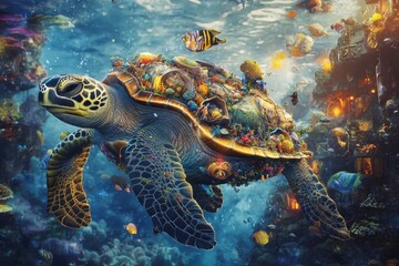 Fototapeta premium A turtle with a fish on its back is swimming in a colorful ocean