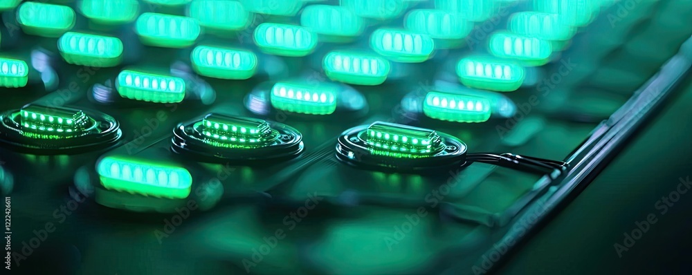 Poster green technology concept. close-up of glowing green led lights on a circuit board showcasing advance