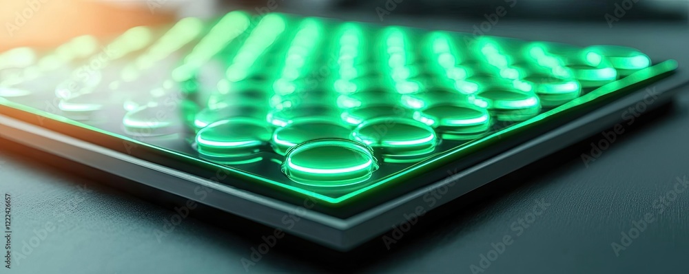 Poster Green technology concept. Close-up of a glowing green circuit board with illuminated buttons.