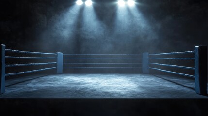 Empty professional boxing ring in the dark, illuminated spotlight. Sport background.