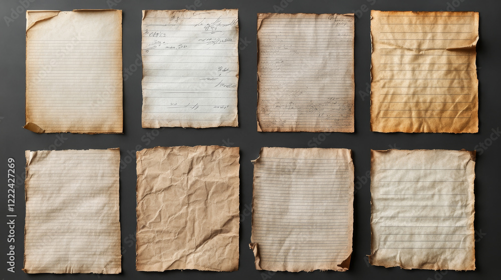 Poster paper sheets with wrinkles. realistic vector illustration set of empty white and lined pages with cr