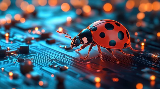 Computer bug concept with ladybug standing on computer circuits , troubleshooting and debugging concepts