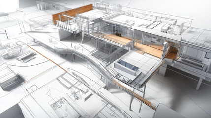 3d modelling isometric landing page. Cad engineer model project on computer desktop screen with construction supplies around. Software program for pc, technical blueprint, vector line art web banner