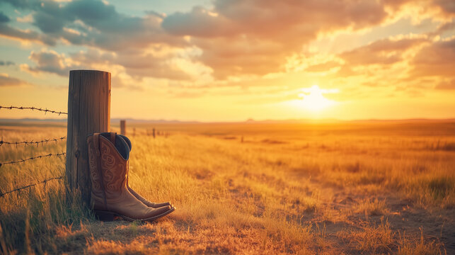 Weathered cowboy boots at sunset against rustic fence and prairie landscape with golden light