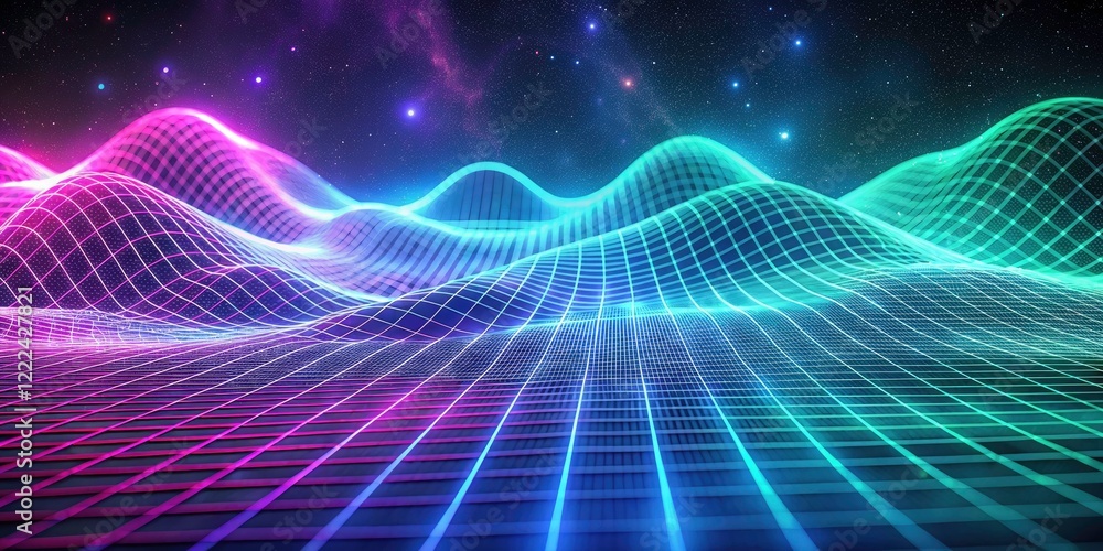 Poster vintage tech meets neon futurism: abstract digital waves pulse across a data flow grid.