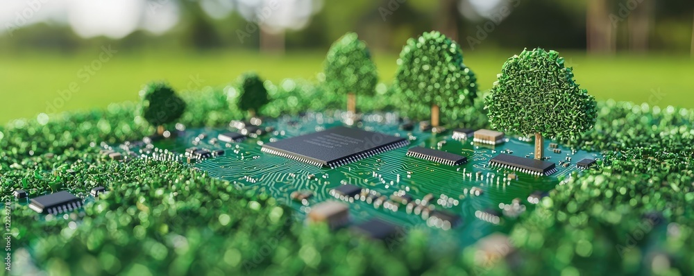 Poster green technology concept. a detailed view of a circuit board surrounded by miniature trees and grass
