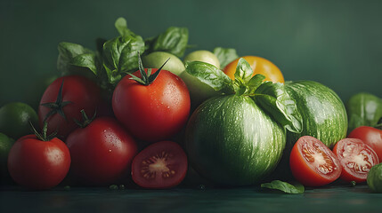 Colorful tomatoes basil dark background food photography