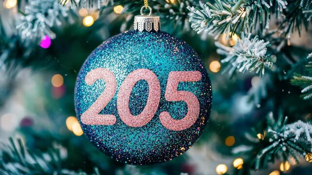 Decorative blue glitter ornament with number 205 hanging on a festive Christmas tree during the holiday season