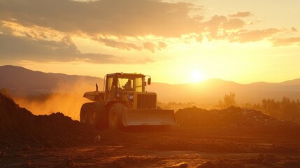 Fototapeta premium Powerful bulldozer moving earth and debris on a construction site during a vivid sunset, showcasing industrial machinery and rugged landscape.