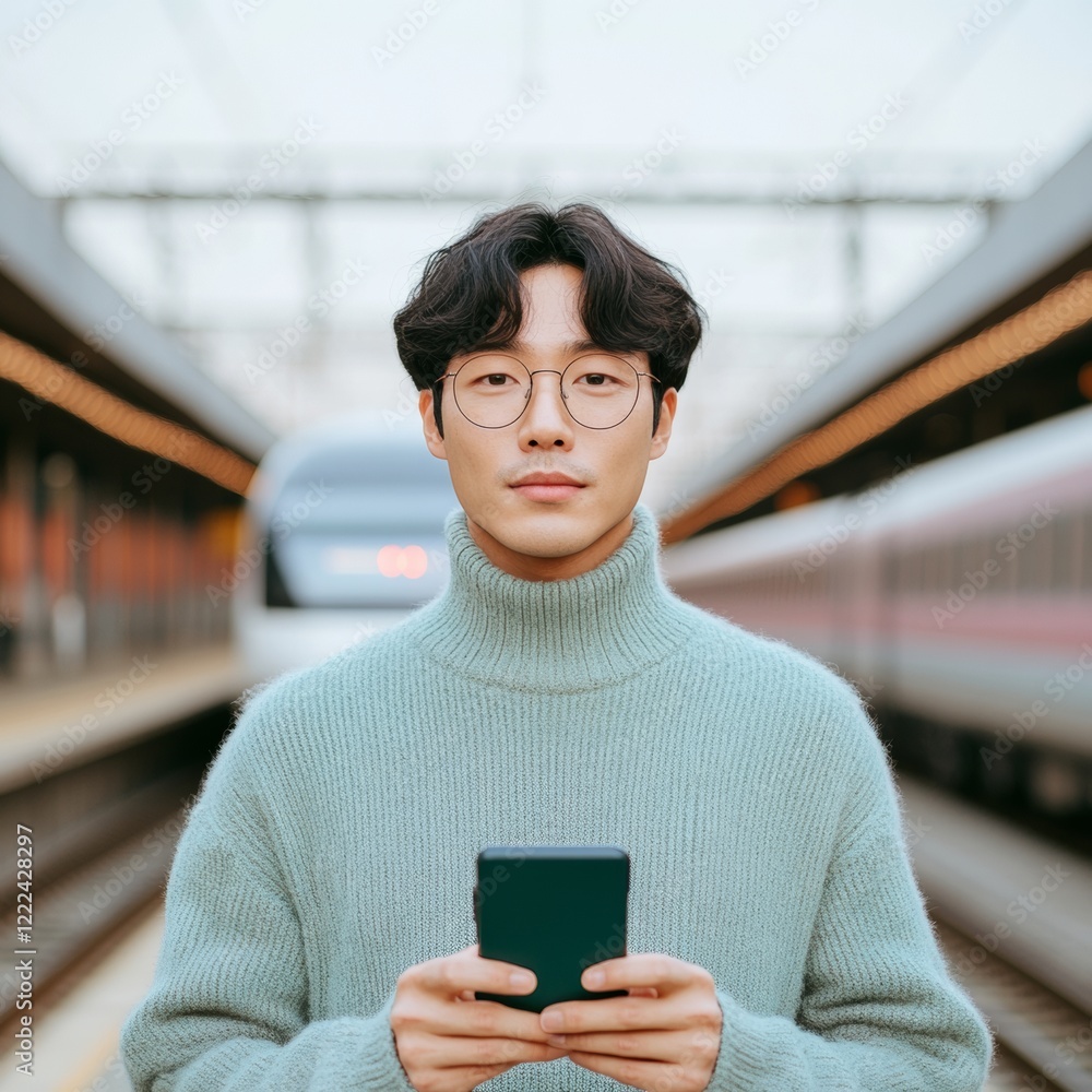 Poster tech-infused commuting young korean professional with smartphone at train station - real-time update