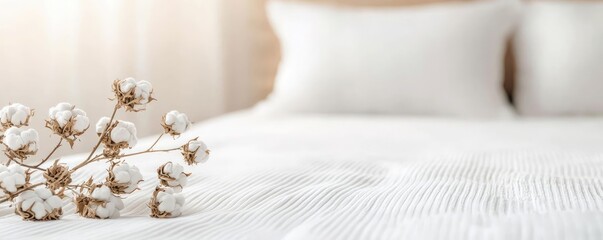 Green living idea. Cozy bedroom with soft pillows and cotton branch for a serene atmosphere.