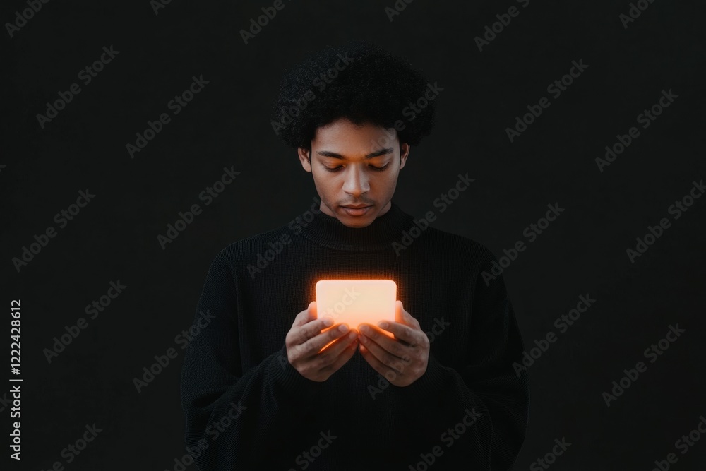 Poster futuristic digital identity verification biometric smartphone in hands of young adult man - cybersec