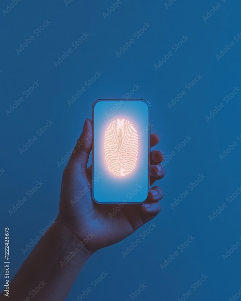Poster Futuristic Mobile Security Blue-Hued Digital Wallet Interface with Fingerprint Identification - Secure Transactions and Data Protection for Finance Technology Solutions
