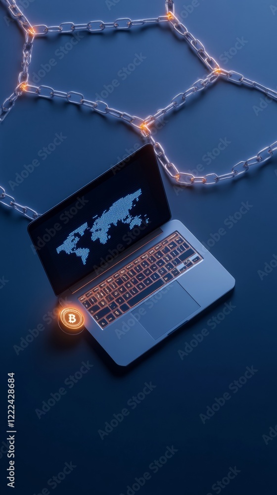 Fototapete Sleek Crypto Trading Workspace Modern Laptop with Blockchain Graphics and Wallet Device in Blue Hue - Financial Security and Digital Innovation for Tech-Savvy Enterprises