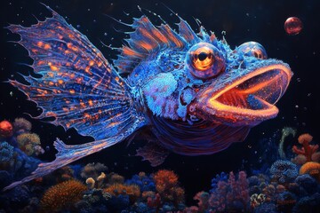 Bioluminescent fish reef night ocean art