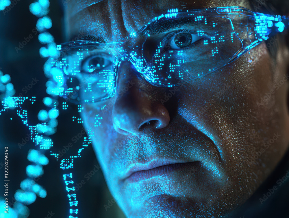 Poster innovative biohacker utilizes crispr tools for genetic editing in a home lab illuminated by a soft b
