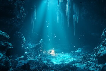 Fototapeta premium Underwater cave, light beam, treasure