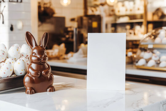 Empty white menu mockup and chocolate Easter bunny on counter in pastry shop