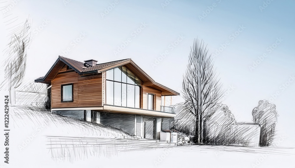 Poster hand drawn sketch of a minimalist country house with panoramic view and simple features on a hillsid