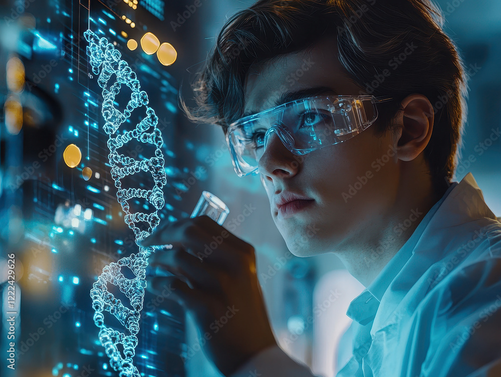 Aufkleber futuristic laboratory where a young scientist analyzes dna strands using a holographic display amids