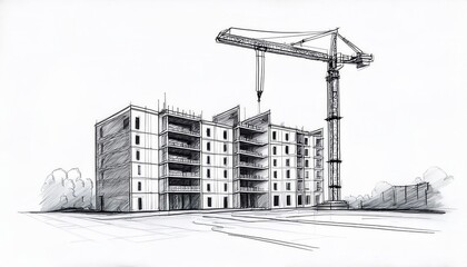Hand drawn sketch of an unfinished residential building under construction depicting a crane and structural details