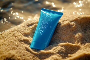 blue tube of cream in the sand background, mock up, copy space, for design and label, branding