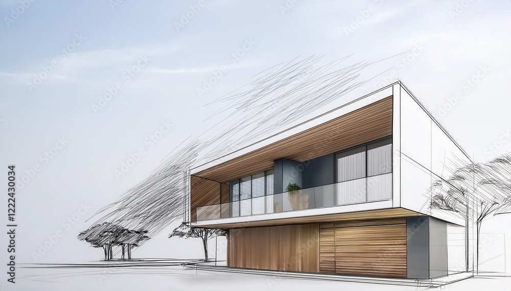 Poster minimalist hand drawn sketch of a modern house showcasing a panoramic side view with simple lines an