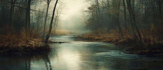 Obraz premium A mysterious river winds through a misty forest, its waters reflecting a dreamy glow amid the cloudy autumn twilight.
