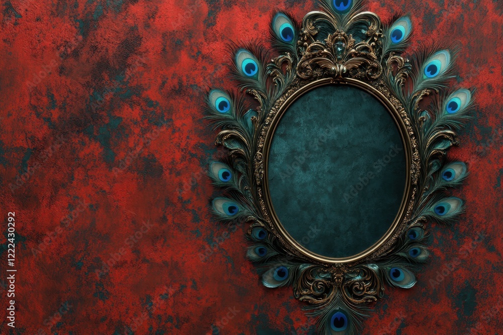 Poster a mirror with a blue frame and a red background