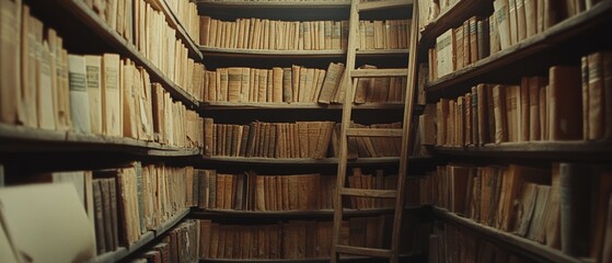 Obraz premium The warm light bathes a small library with rustic charm, where books line wooden shelves and a ladder invites exploration of hidden literary gems.