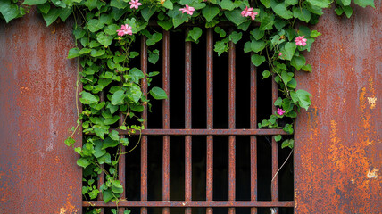 The Artistic Beauty of Rust in Sculptures and Decor Themed, rusted iron gate covered with vines and pink flowers creates serene atmosphere