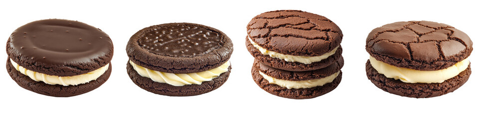Vanilla cream filled chocolate cookies isolated on transparent background, PNG, Set of