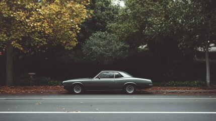 Fototapeta premium Classic car parked on street, autumn leaves.