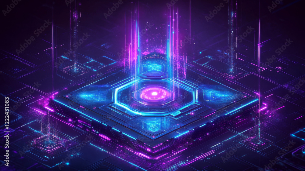 Aufkleber hologram portal with neon light effect for game. magic glow teleport. futuristic tech gradient platf