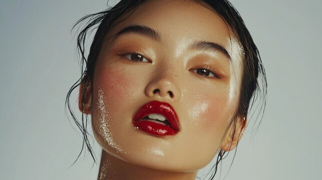 An Asian model showcases striking features with sleek hair and a radiant complexion, exuding confidence. Bold red lips and a luminous finish highlight her natural beauty, captured in a serene setting