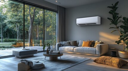 Modern Living Room with Air Conditioner and Garden View