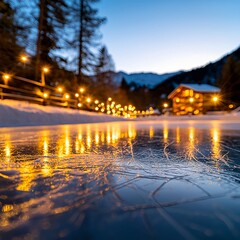 Ice Skating Rink at Dusk with Illuminated Cabin in Background