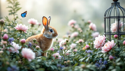 Adorable bunny in blooming garden with butterfly and vintage birdcage