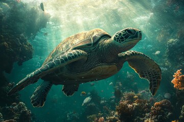 Obraz premium Sea turtle swimming coral reef sunlight ocean wildlife (1)