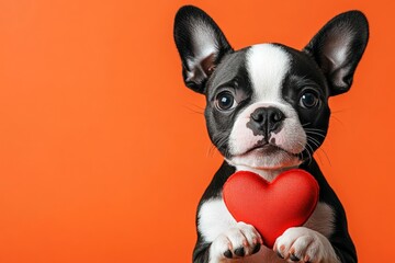 Boston terrier - my desired dog. Cute boston terrier hound with furry friend toy red heart - sign of love, funny greeting card. Marketing creative. Heart-shaped toys. Heart-themed pet photos.