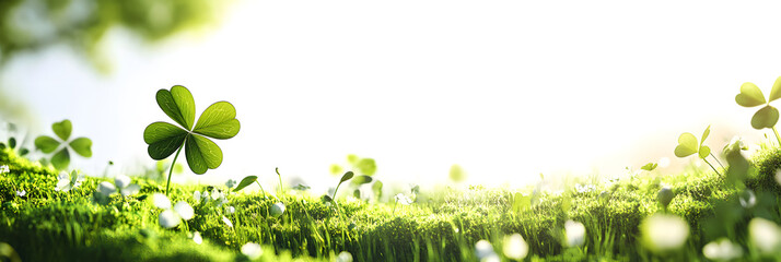 A close-up image of a white four-leaf clover, a universal symbol of good luck, standing out against a field of green against a bright and hopeful sky - wide banner - white background