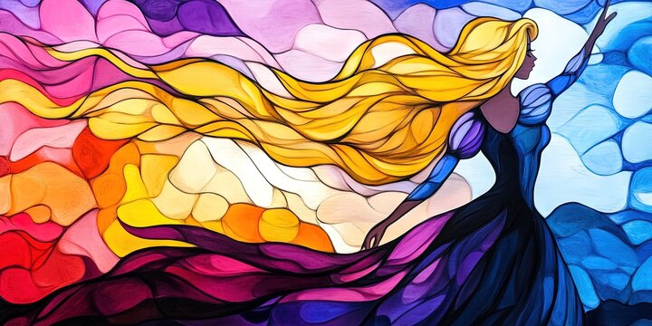 rapunzel - fairytale setting with scene from classic public domain Rapunzel tale