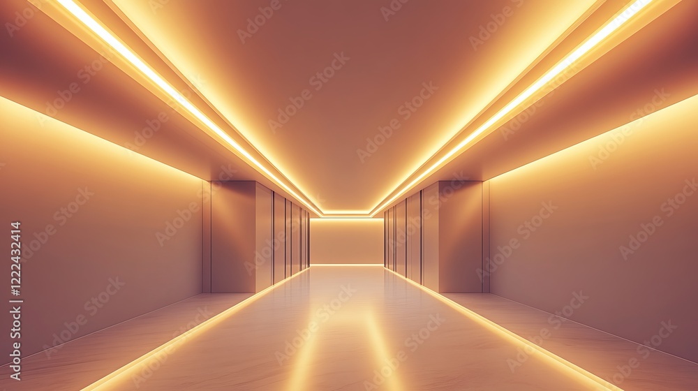 Poster a long dimly lit corridor with warm yellow lighting creating an inviting yet mysterious atmosphere p